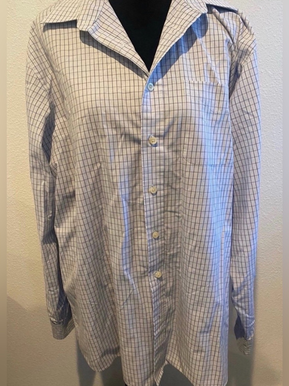 Men's Long Sleeve Blue and White Check Button-Up Shirt (Size XL)